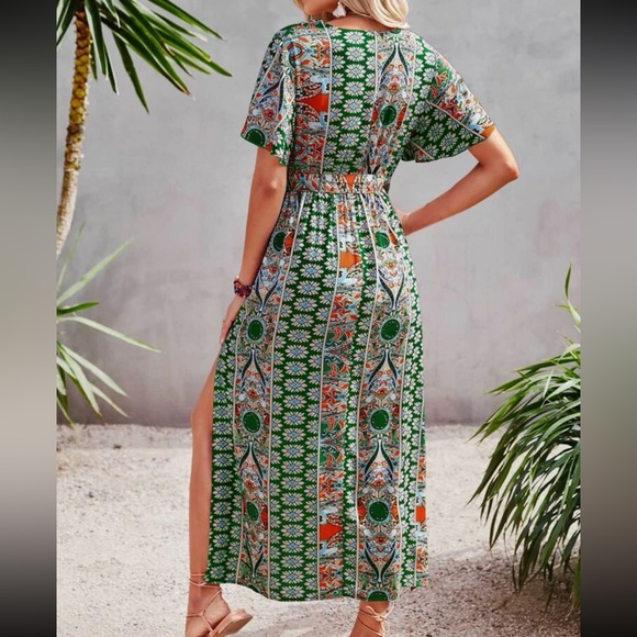 Boho Floral Paisley Print Side Silt Cottagecore Dress Navy Blue - Picture 10 of 12